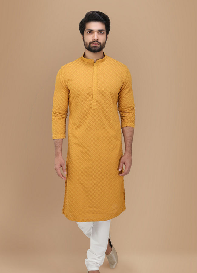 Buy Mustard Yellow Chikankari Kurta Set Online In Uae Manyavar Kurta Pajama For Men